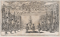 Pleasure garden, with three figures in front of a fountain at center, a row of putti to the left, and a group of women to the right; set design from 'Il Pomo D'Oro', Mathäus Küsel German, Etching