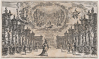 Courtyard of a palace with a man standing at center surrounded by attendants; above, a vision of a woman in a similar scene; set design from 'Il Pomo D'Oro', Mathäus Küsel German, Etching