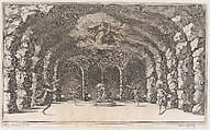 Cavern of Aeolus; a cave with wind gods blowing on either side of Aeolus who sits enthroned at center; set design from 'Il Pomo D'Oro', Mathäus Küsel German, Etching