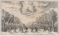 Marsh of Triton; figures battling as Minerva looks on from above; set design from 'Il Pomo D'Oro', Mathäus Küsel German, Etching