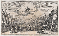 The leaders of two armies conversing, their respective troops and camps on either side; above, Minerva observes from her chariot; set design from 'Il Pomo D'Oro', Mathäus Küsel German, Etching