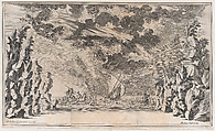 A shore framed by rocks, with Neptune in his chariot on the left and Salacia in hers on the right; at center, a ship caught in a storm; set design from 'Il Pomo D'Oro', Mathäus Küsel German, Etching