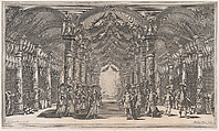 Arsenal of Mars; a group of soldiers standing across from a group of women in an arsenal; ships off in the distance; set design from 'Il Pomo D'Oro', Mathäus Küsel German, Etching