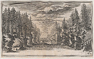 Landscape with two figures running along the bank of the river Xanto; set design from 'Il Pomo D'Oro', Mathäus Küsel German, Etching