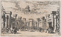 A city under siege with elephants and soldiers throughout; Mars looking down from above; set design from 'Il Pomo D'Oro', Mathäus Küsel German, Etching