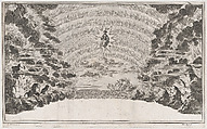 A female figure in glory at center, surrounded by burning rocks; below Cupid sailing on a burning chariot; set design from 'Il Pomo D'Oro', Mathäus Küsel German, Etching