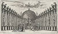 Figures worshipping the statue of an armed figure; set design from 'Il Pomo D'Oro', Mathäus Küsel German, Etching