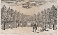 Two females in the foreground, one standing the other reclining, surrounded by tree-lined paths; set design from 'Il Pomo D'Oro', Mathäus Küsel German, Etching