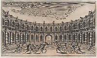 Amphitheater with two groups of soldiers running toward each other; set design from 'Il Pomo D'Oro', Mathäus Küsel German, Etching