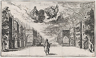 A man stands at center, flanked by rows of buildings; above Jupiter atop an eagle and Juno accompanied by a peacock, converse among the clouds; set design from 'Il Pomo D'Oro', Mathäus Küsel German, Etching and engraving