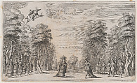 A man and a woman conversing at center, surrounded by a row of young men to the right and young women to the left, Mercury appears at top left corner; set design from 'Il Pomo D'Oro', Mathäus Küsel German, Etching and engraving