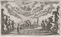 A woman in a chariot arrives at the ruins of a building as the Olympian gods look down from above, in the foreground stands an armed female figure; set design from 'Il Pomo D'Oro', Mathäus Küsel German, Etching and engraving