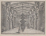 Theatrical scene in a great hall with a vaulted ceiling and a central sculpture; two figures converse in the background while a third stands alone in the foreground, Giacomo-Maria Giovannini  Italian, Etching