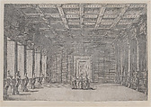 Theatrical scene with three figures seated in the middle of a room with columns at left and right and a coffered ceiling, Ludovico Ottavio Burnacini  Italian, Etching
