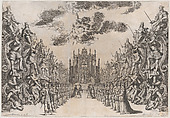 Magnificent Hall of Astrea; men and women gathered in the street to view a procession through a triumphal arch and down the stairs into the city; the procession is led by a female wearing a crown, she is followed by various figures in varying costume; set design from 'La Monarchia Latina Trionfante', Mathäus Küsel  German, Etching