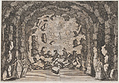 A grotto with collapsing rocks, opening to a sky full of the enthroned gods of Olympus, including Jupiter, Apollo, Mars, Venus, and Mercury; set design from 'La Monarchia Latina Trionfante', Mathäus Küsel German, Etching