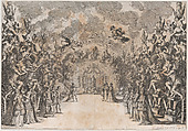 The Seat of Saturn; Saturn at center, seated on a throne of rubble, conversing with a king and three men who stand before him; lining the walls on each side are four figures of Saturn devouring children; set design from 'La Monarchia Latina Trionfante', Mathäus Küsel  German, Etching