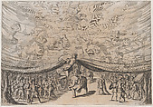 Prologue; the stage curtain is lifted to reveal a soldier on an elephant surrounded by his army; above Jupiter and his eagle look down on men carrying boulders; set design from 'La Monarchia Latina Trionfante', Mathäus Küsel  German, Etching