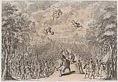 An army marching through a field; soldiers on foot at left and right, while others ride elephants and camels down the center; set design from 'La Monarchia Latina Trionfante', Mathäus Küsel  German, Etching