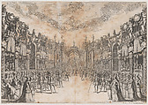 Men and women gathererd in the street to view the entrance of a royal figure, who is carried into the city on a throne; set design from 'La Monarchia Latina Trionfante', Mathäus Küsel  German, Etching