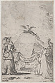 Two women holding a banner at center as a phoenix rises above; set design from 'Il Fuoco Eterno', Mathäus Küsel German, Etching