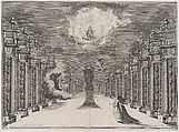 A woman standing on the right side of a road lined with columns; at center a statue of a female with cupid flying nearby; to the left, a woman emerging from the clouds as another sits among flames above; set design from 'Il Fuoco Eterno', Mathäus Küsel German, Etching