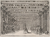 Throne room with a man in classical armor standing at center addressing a man seated on a throne at left; soldiers lined on either side of the room; set design from 'Il Fuoco Eterno', Mathäus Küsel German, Etching