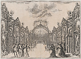 A sacrifice to the Olympian gods taking place at the end of a path lined with statues and foliage; set design from 'Il Fuoco Eterno', Mathäus Küsel German, Etching