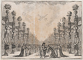 Three men at center, an old man who holding out an open book for a soldier to sign as a smaller man stands to the left holding ink; a large group of men surround them; set design from 'Il Fuoco Eterno', Mathäus Küsel German, Etching