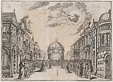 A large gathering of people in the street as a goddess races across the sky in a chariot led by four horses; set design from 'Il Fuoco Eterno', Mathäus Küsel German, Etching