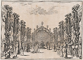 A large group gathered in a courtyard before a domed structure; musicians play at left; set design from 'Il Fuoco Eterno', Mathäus Küsel German, Etching