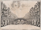 A row boat leading a ship to shore while a large group of figures looks on from the coast and along the bridge at center; a deity appears in the sky at upper left; set design from 'Il Fuoco Eterno', Mathäus Küsel German, Etching