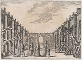 Two men in classical armor and two women looking at the mechanical devices on either side of an open courtyard; set design from 'Il Fuoco Eterno', Mathäus Küsel German, Etching