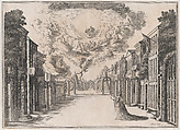 A woman standing on an empty street, gazing up at the Olympian gods in the sky; set design from 'Il Fuoco Eterno', Mathäus Küsel German, Etching