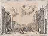 Figures gathered at a seaport as a ship arrives; set design from 'Il Fuoco Eterno', Mathäus Küsel German, Etching