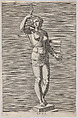 Plate 7: Diana; statue of the nude goddess standing on a socle, wearing a crescent moon in her hair and holding a bow and arrow; from "Statues of Roman Gods", Philips Galle  Netherlandish, Engraving