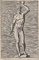Apollo; statue of the nude god standing on a socle, wearing a crown and holding a scepter in his right hand and an orb in his left, plate 4 from "Statues of Roman Gods", Philips Galle  Netherlandish, Engraving