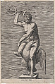 Jupiter; statue of the nude god seated on an eagle, holding a double trident, plate 2 from "Statues of Roman Gods", Philips Galle  Netherlandish, Engraving