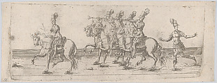 Procession, with one man playing a drum atop a horse at front, four men playing trumpets on horses at center, and one man following on foot behind, Anonymous, German, 16th century  German, Etching