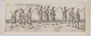 Procession, with three groups of three men, each holding a gun, Anonymous, German, 16th century  German, Etching
