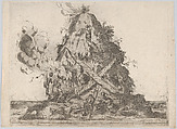Volcano at center with blacksmiths working at left and armor on the ground around them, Anonymous, German, 16th century  German, Etching