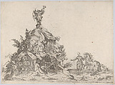 Rock formation with a blindfolded figure of cupid at top, two soldiers bound at the bottom, and a man with a horse to the right, Anonymous, German, 16th century  German, Etching