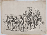 Plate 14: Six figures marching in a procession, two atop horses, a snake at bottom center; plate from 'Repraesentatio Der Fürstlichen Auffzug und Ritterspil... Herrn Johann Friderichen Hertzogen zu Württenberg und Teckh... und Fürstin Barbara Sophien ...' Stuttgart, November 6, 1609, Balthasar Küchler  German, Etching