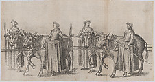 Four women walking alongside four cows; plate from 'Repraesentatio Der Fürstlichen Auffzug und Ritterspil... Herrn Johann Friderichen Hertzogen zu Württenberg und Teckh... und Fürstin Barbara Sophien ...' Stuttgart, November 6, 1609, Balthasar Küchler  German, Etching