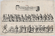 Plate from a book showing a procession of men and women with a skeleton at the beginning, middle and end of the line, Anonymous, German, 17th century  German, Engraving