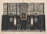 Plate 1: Figures gathered before a curtained wall, decorated with three armorials with the coat of arms and symbols celebrating Archduke Albert, four skeletons on pedestals at center, gothic facade in background; from 'Pompa Funebris ... Alberti Pii', Cornelis Galle I  Netherlandish, Etching with hand coloring