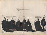 Plate 53: Eight figures marching in the funeral procession of Archduke Albert of Austria; from 'Pompa Funebris ... Alberti Pii', Cornelis Galle I  Netherlandish, Etching with hand coloring