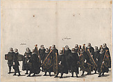 Plate 28: Drummers and trumpet players marching in the funeral procession of Archduke Albert of Austria; from 'Pompa Funebris ... Alberti Pii', Cornelis Galle I  Netherlandish, Etching with hand coloring
