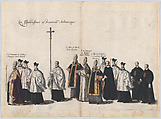 Plate 13: Members of the clergy marching in the funeral procession of Archduke Albert of Austria; from 'Pompa Funebris ... Alberti Pii', Cornelis Galle I  Netherlandish, Etching with hand coloring