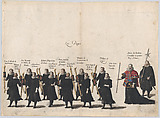Plate 54: The pages marching in the funeral procession of Archduke Albert of Austria; from 'Pompa Funebris ... Alberti Pii', Cornelis Galle I  Netherlandish, Etching with hand coloring